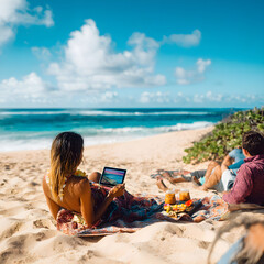 Young woman working remotely on tropical beach with friends relaxing