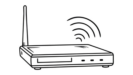 Outline drawing of a wireless router with antenna emitting wifi signal in black and white sketch style