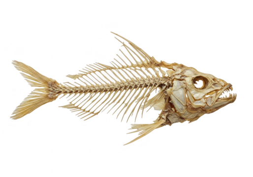 A dried fish skeleton with sharp teeth and fins is displayed against a plain transparent background