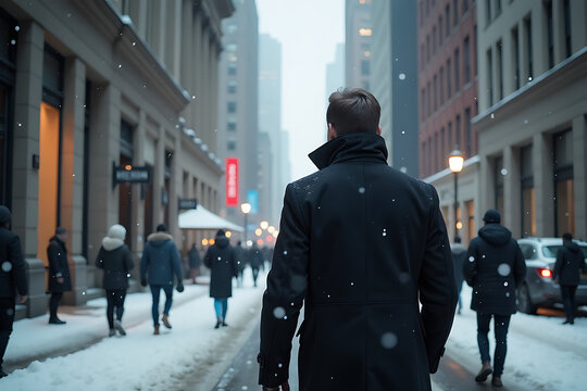 Winter Urban Scene with Solitary Man Walking Through Snow

