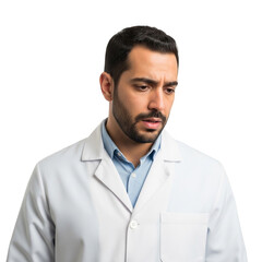 Worried doctor looking down with concern
