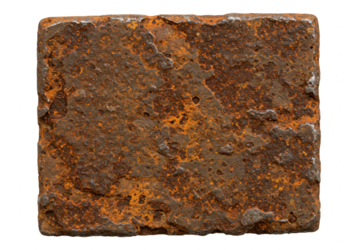 A closeup view of a rusty metal surface with a rough texture and aged patina isolated on transparent background