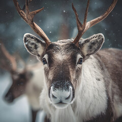 Reindeer looking at camera while snowing in winter forest