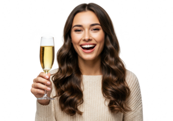 A joyful young woman with long wavy hair holds a glass of champagne, smiling and raising her hand in celebration isolated on transparent background