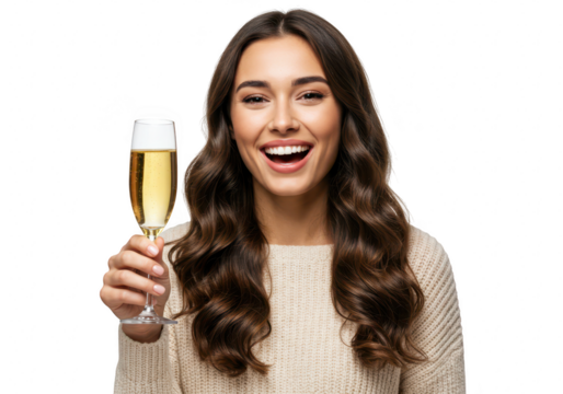 A joyful young woman with long wavy hair holds a glass of champagne, smiling and raising her hand in celebration isolated on transparent background
