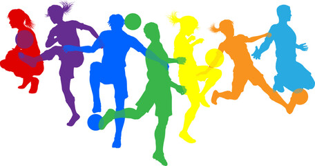 Soccer football player male and female colorful silhouette outlines men and women group