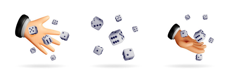 Man hand rolling dice. Set of falling white game cubes. Casino and gaming concept. Chance, risk, and luck.