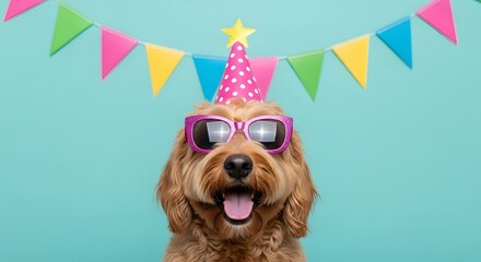 A happy dog wearing a pink polka dot party hat and sparkly sunglasses, with a colorful banner in the background