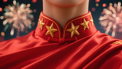 Close-up of a red uniform with gold stars and fireworks in the background