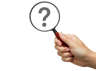 Hand holding a magnifying glass over a question mark isolated on transparent background