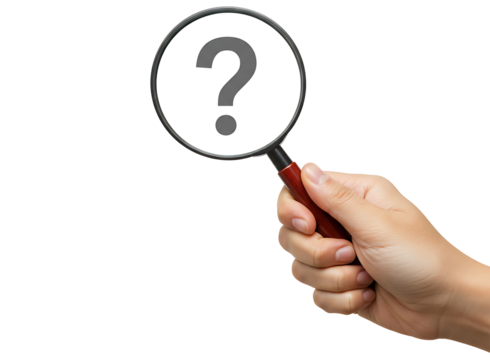 Hand holding a magnifying glass over a question mark isolated on transparent background