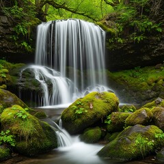 Obraz premium Serene Mossy Waterfall in Lush Green Forest: Tranquil Nature Scene
