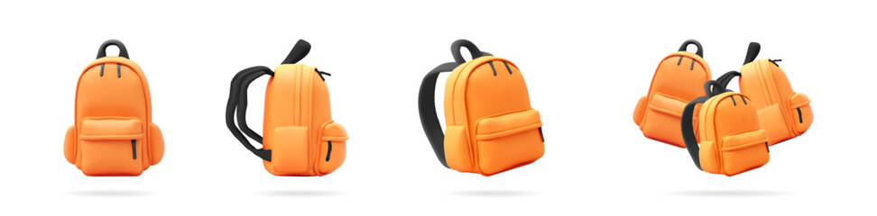 Orange backpack in various views. School bag or travel luggage. 3d vector collection for education, tourism, and everyday life.