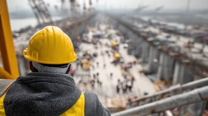 Construction worker overlooking bridge site