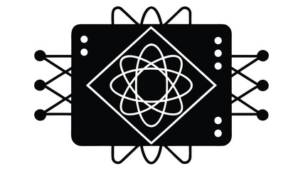 Stylized black and white illustration of a circuit board with an atom symbol in the center