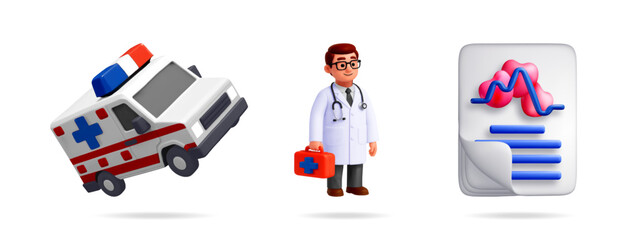 Ambulance, male doctor, and medical report document. Emergency services and healthcare support. 3d stock vector illustration isolated on white.