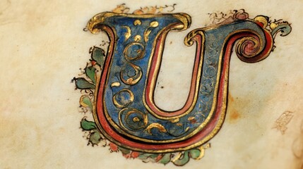 Illuminated Manuscript Letter U with Gold Leaf and Floral Accents