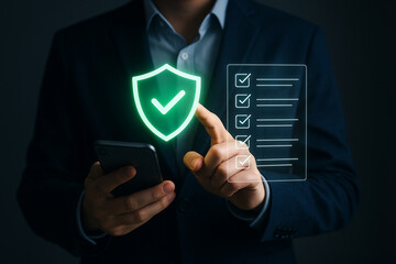 Cybersecurity checklist on mobile phone for data protection and digital security with shield icon