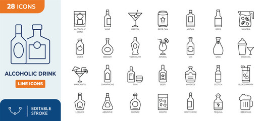 Alcoholic drink line editable icon set. Containing drink, beer, alcohol, wine, cocktail, whiskey, and more. Editable stroke. Vector illustration
