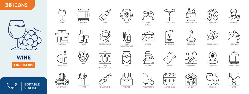 Wine line editable icon set. Containing wine glass, grape, wine bottle, corkscrew, vineyard, barrel, winery, and more. Editable stroke. Vector illustration