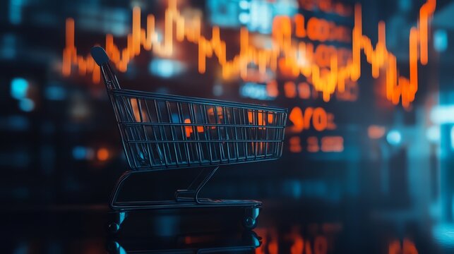 E-commerce shopping cart with digital stock graph.