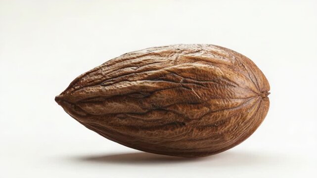 A single nut shell lying on a clean white surface