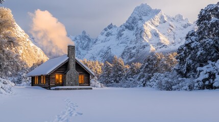 118.An isolated mountain cabin nestled in a snowy alpine valley surrounded by towering peaks, soft snowflakes falling, smoke rising from a stone chimney, warm golden light glowing from the windows,
