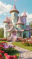Pastel-colored fairytale castle in garden