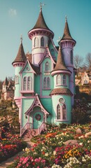 Pastel castle in flower garden
