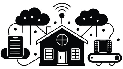 Illustration of a smart home connected to cloud services with wireless technology shown in black and white