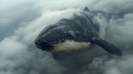 Obraz premium Whale soaring through a cloudy sky. A massive whale, dark gray and speckled white, floats amidst thick, white clouds. Its body is large and prominent, against a muted background of overcast skies