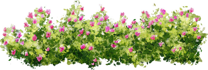 Watercolor Green Shrub with Pink Flowers