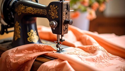 Vintage sewing machine operating on peach-toned fabric