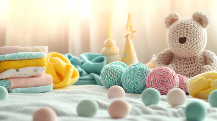 Baby items, clothes, and toys on a light surface, bathed in warm sunlight. Colorful baby clothes, a crocheted teddy bear, and knitted balls are arranged attractively