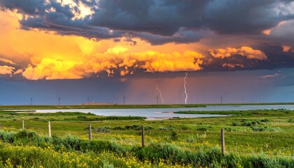 Dramatic sunset storm over a tranquil prairie lake