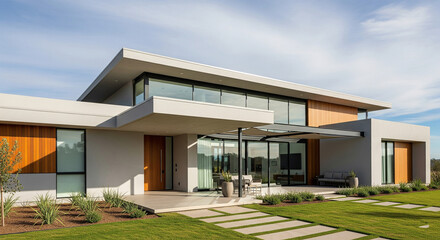 A modern, single-story house with clean lines, neutral tones, and large windows in daylight.