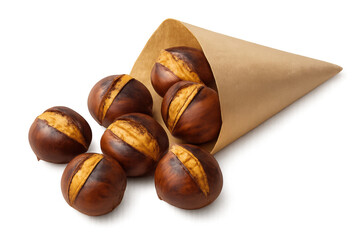 Roasting chestnuts bursting from crumpled brown paper cone, showcasing seasonal warmth against transparent backdrop