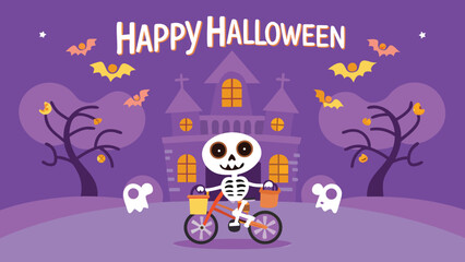 Fototapeta premium A skeleton rides a bicycle in front of a haunted house with bats for happy halloween theme design