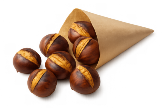 Roasting chestnuts bursting from crumpled brown paper cone, showcasing seasonal warmth against transparent backdrop