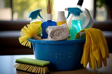 House cleaning products and equipment are arranged inside and beside a blue plastic basket on a table