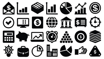 Collection of business and finance icons including charts, money, buildings, and other related symbols
