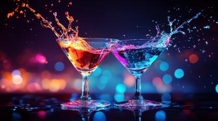 Two colorful cocktails splashing in martini glasses against a vibrant bokeh background.