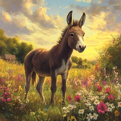Cute donkey enjoying spring countryside flowers high resolution picture