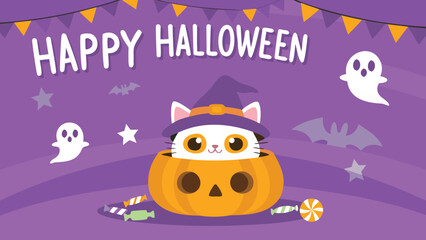 Cute halloween scene with cat in pumpkin wearing witch hat and happy halloween text with ghosts and bats