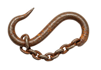 Obraz premium A rusty metal hook connected to a chain, forming an sshape, isolated on a transparent background