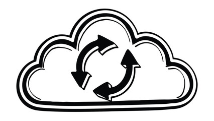 Cloud outline with circular arrows indicating a synchronization or data refresh process in black and white