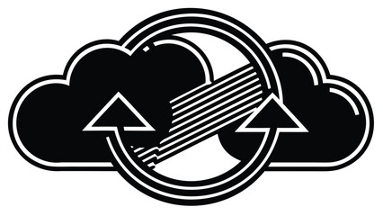 Black clouds with upward arrows and a striped design inside a circular outline on white background