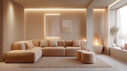 Brightly lit modern living room interior with minimalist artwork and smooth surfaces