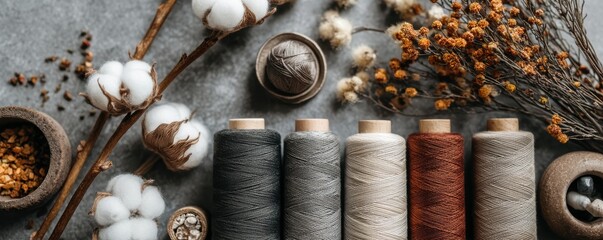 Sustainable fashion concept Natural sewing materials arranged artistically with cotton and dried flowers on a textured background.