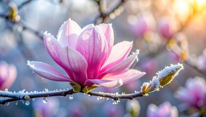 Close-up of a pink magnolia flower with frost, illuminated by morning sunlight, symbolizing the change of seasons.